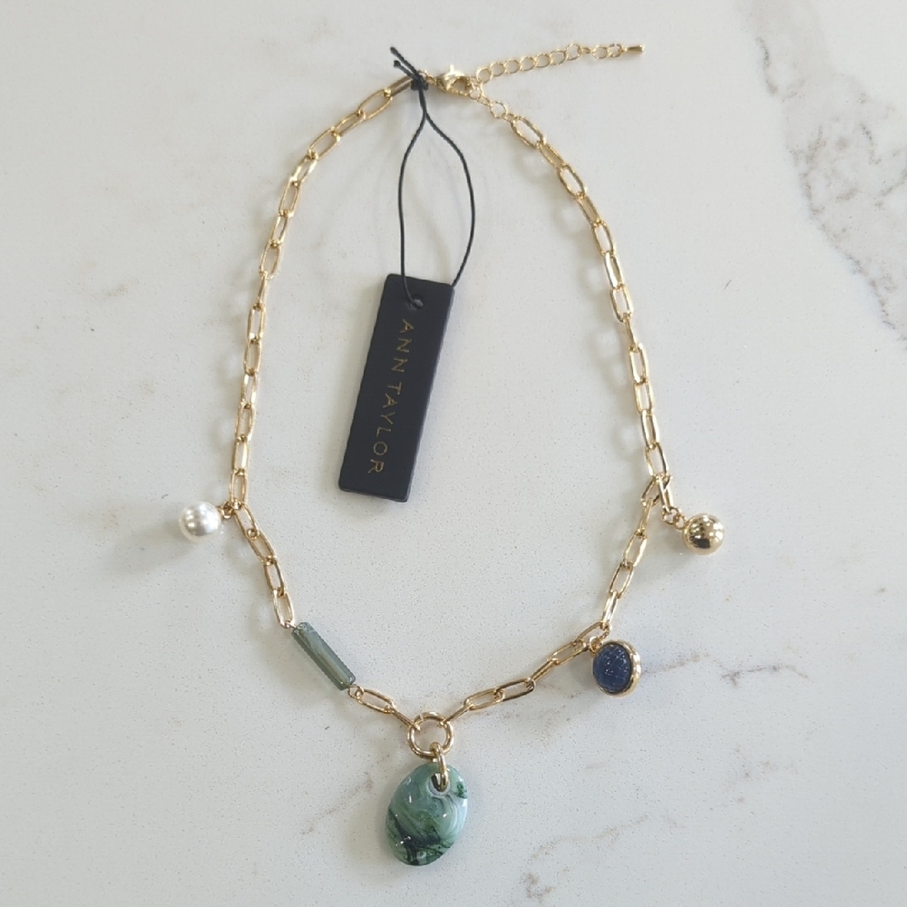 Ann Taylor Gold Link Necklace with Stone Pendant, Pearl and Blue Accents